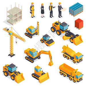等距結(jié)構(gòu)集與孤立圖像的橙色車輛,建筑機(jī)械材料,人類特征的建設(shè)者矢量